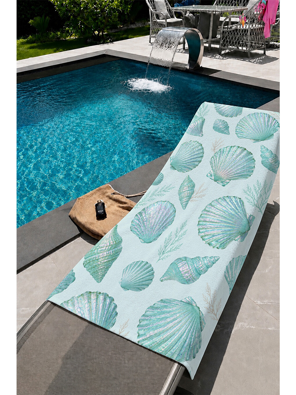 Yeşil Mint Deniz Kabuğu Minimal Desenli 70x150 Plaj Havlusu-1
