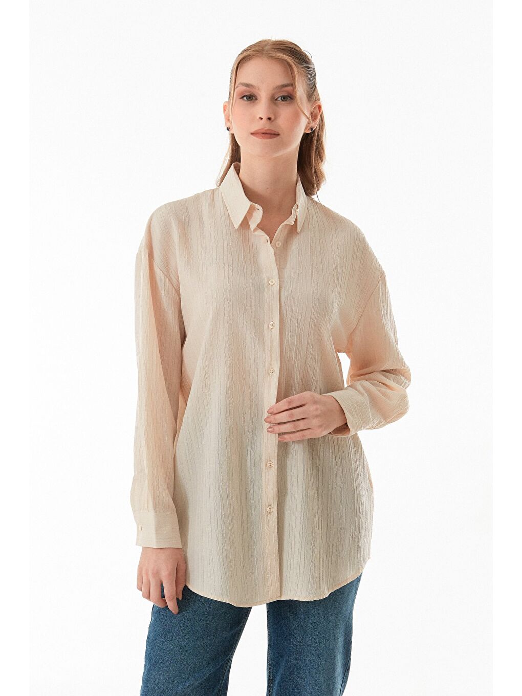 Bej Basic Krep Kumaş Oversize Gömlek