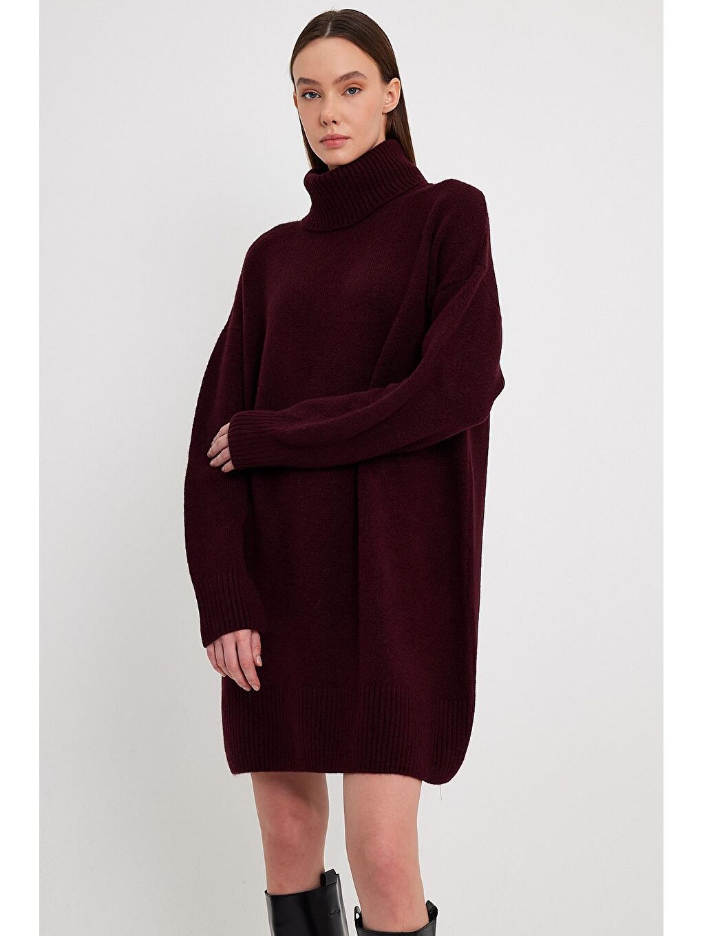 Bordo Balıkçı Yaka Oversize Triko Elbise-3