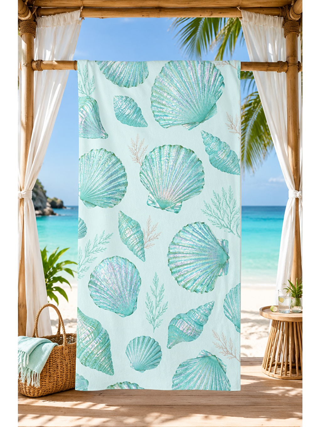 Yeşil Mint Deniz Kabuğu Minimal Desenli 70x150 Plaj Havlusu-2