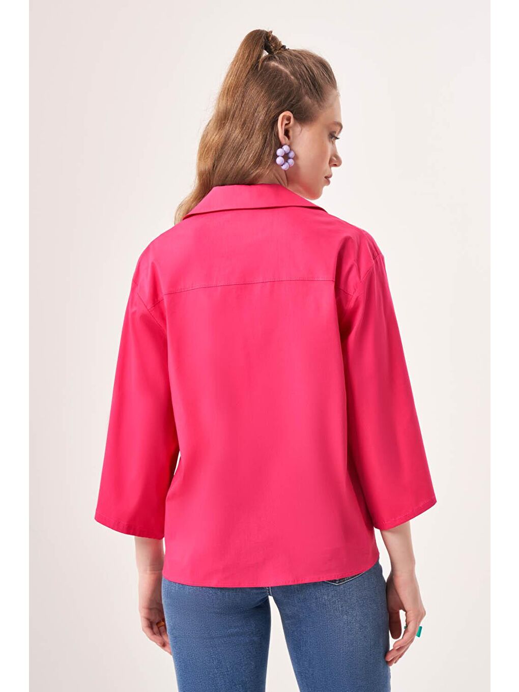 Kısa Cepli Poplin Fuşya Gömlek-3