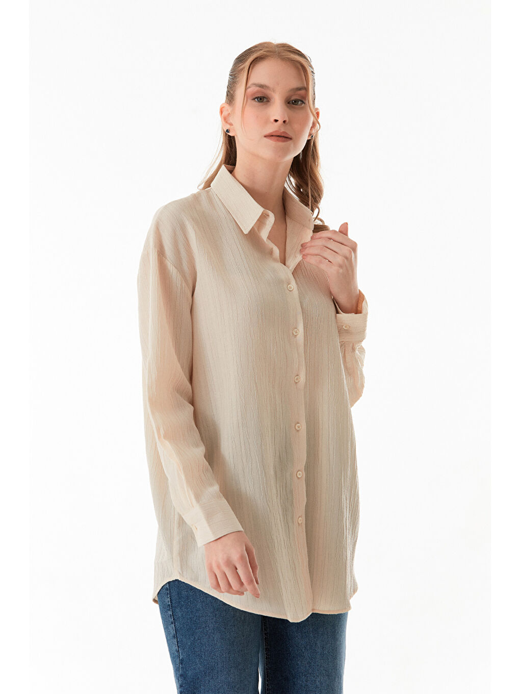 Bej Basic Krep Kumaş Oversize Gömlek-1