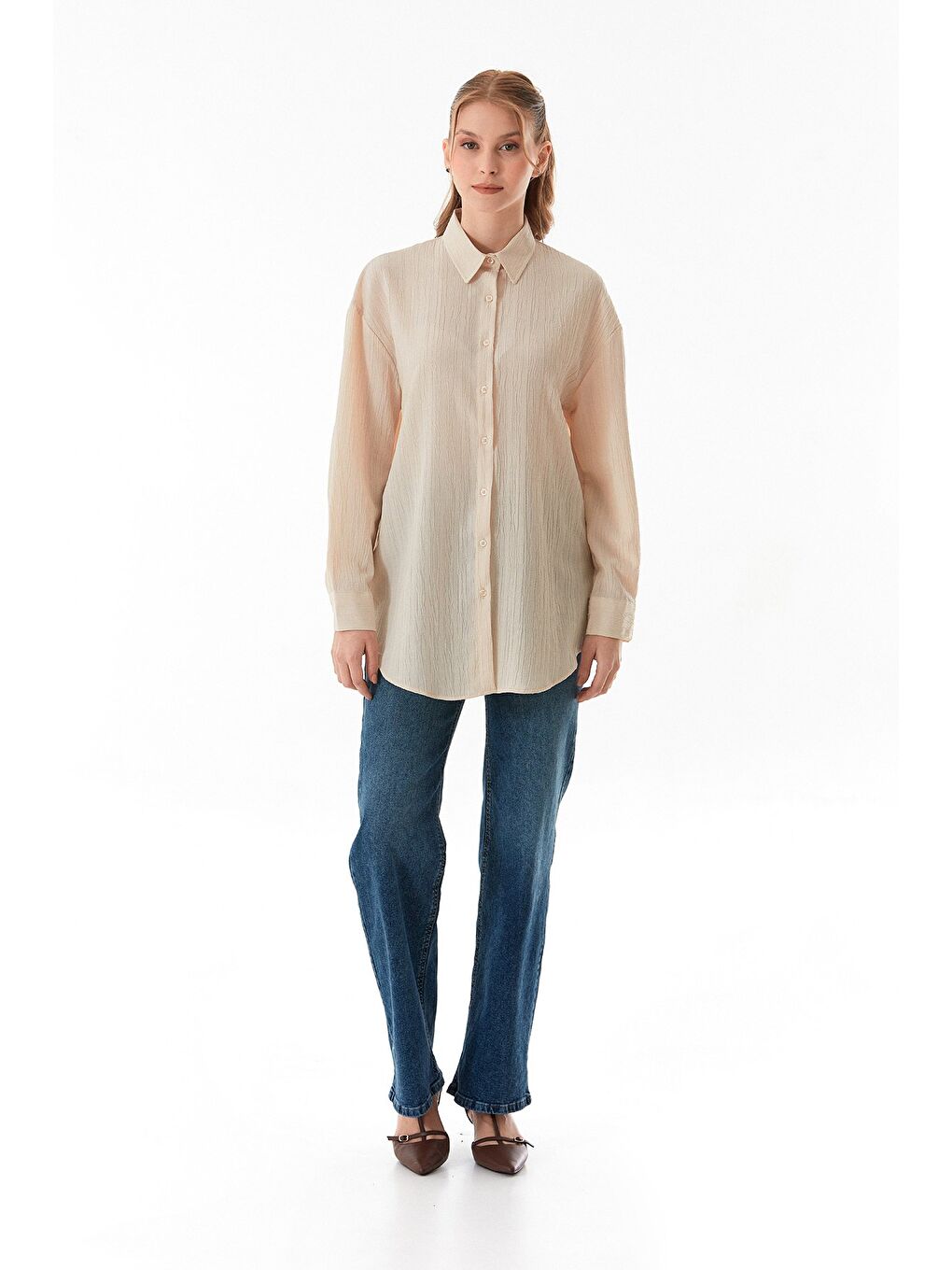Bej Basic Krep Kumaş Oversize Gömlek-2