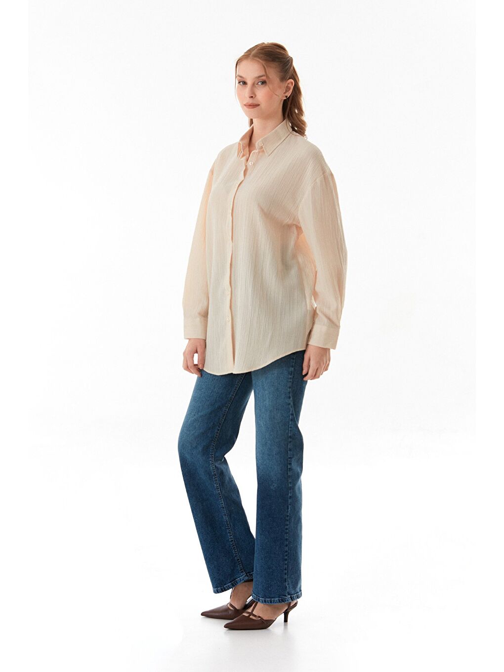 Bej Basic Krep Kumaş Oversize Gömlek-3