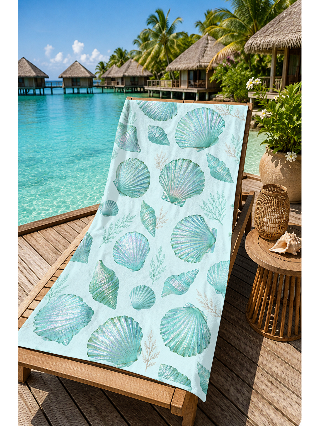 Yeşil Mint Deniz Kabuğu Minimal Desenli 70x150 Plaj Havlusu-3
