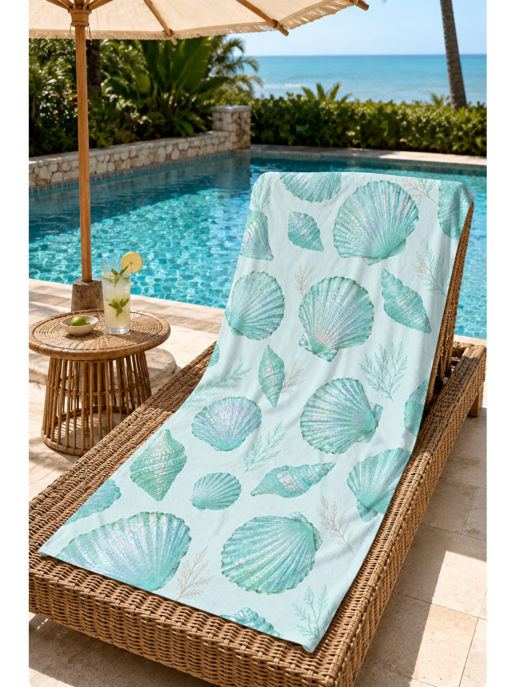 Yeşil Mint Deniz Kabuğu Minimal Desenli 70x150 Plaj Havlusu-4