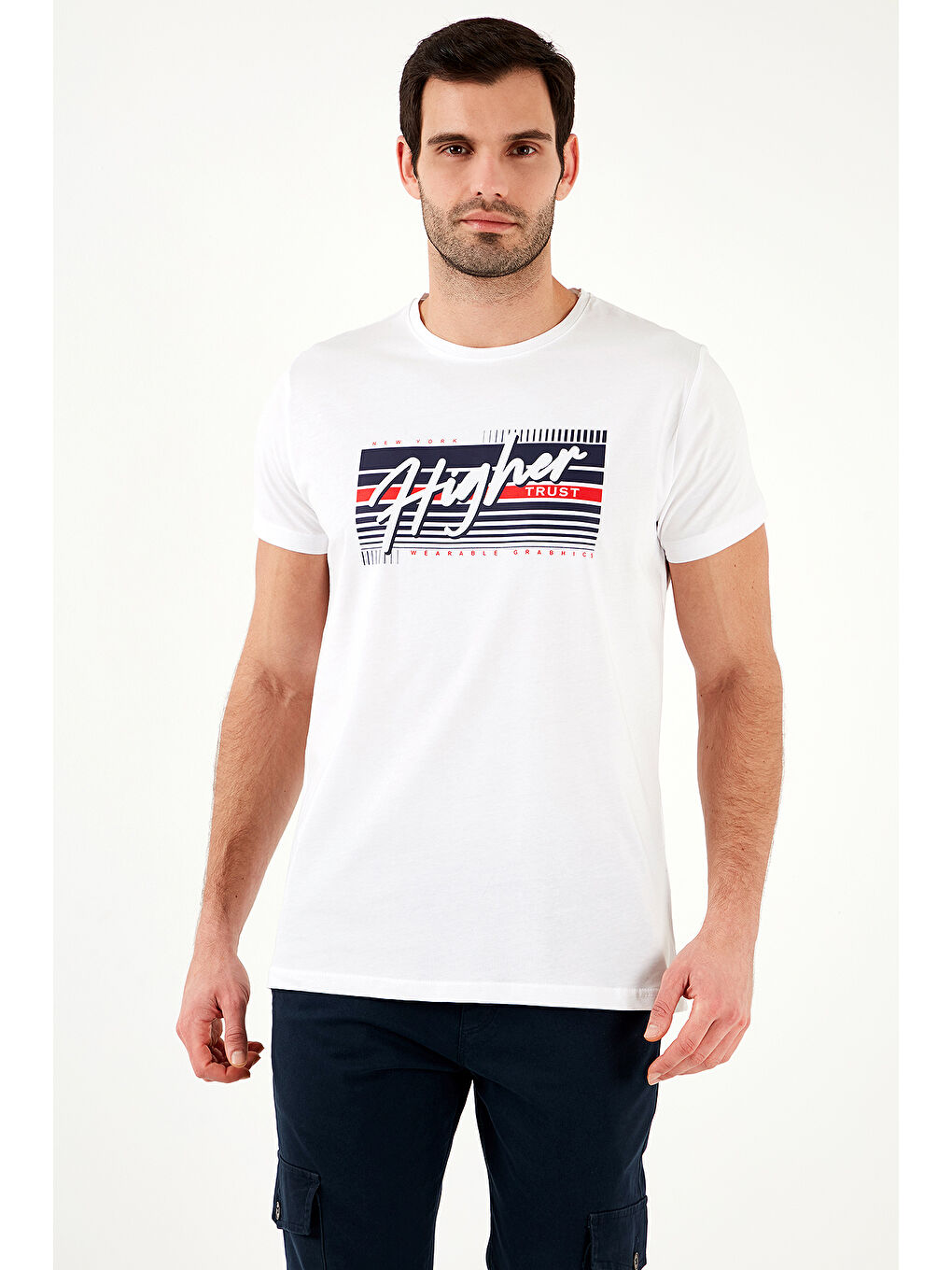 Beyaz Pamuklu Slim Fit Bisiklet Yaka Baskılı Tişört 541HIGHER-4