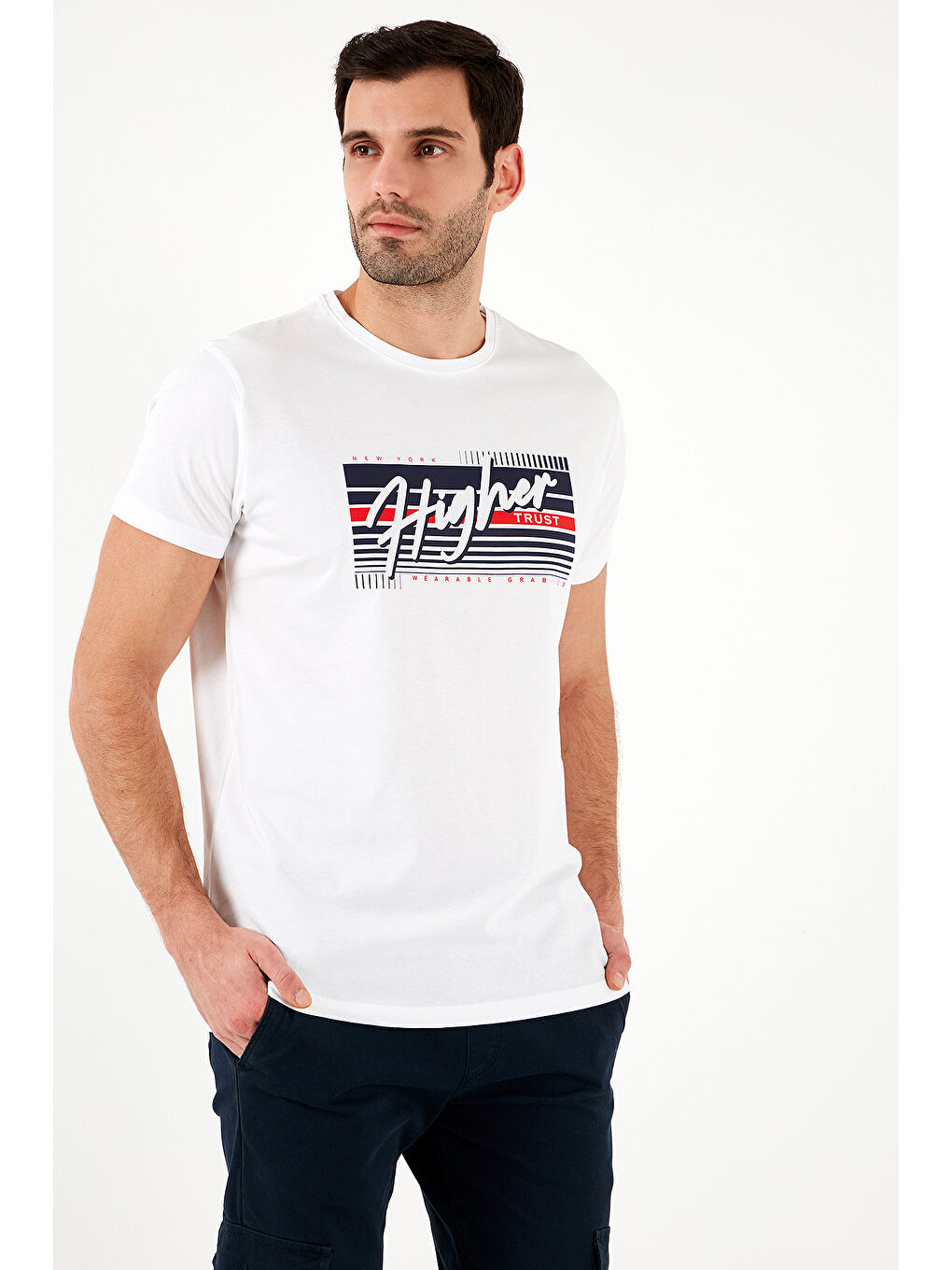 Beyaz Pamuklu Slim Fit Bisiklet Yaka Baskılı Tişört 541HIGHER-5