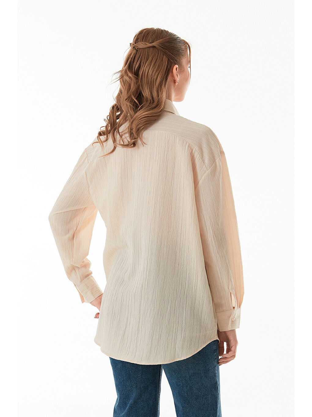 Bej Basic Krep Kumaş Oversize Gömlek-4