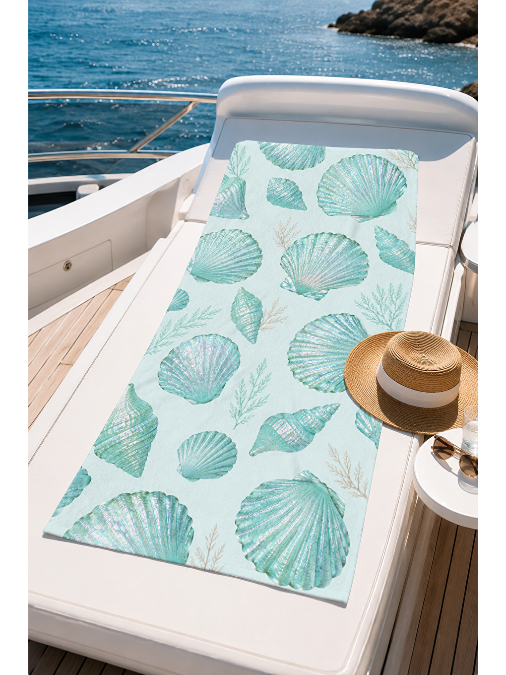 Yeşil Mint Deniz Kabuğu Minimal Desenli 70x150 Plaj Havlusu-5