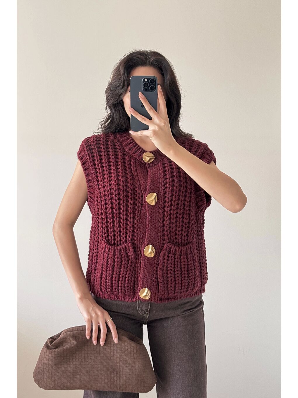 Kadın Bordo Kalın Örgü Yelek 1014-2395-3