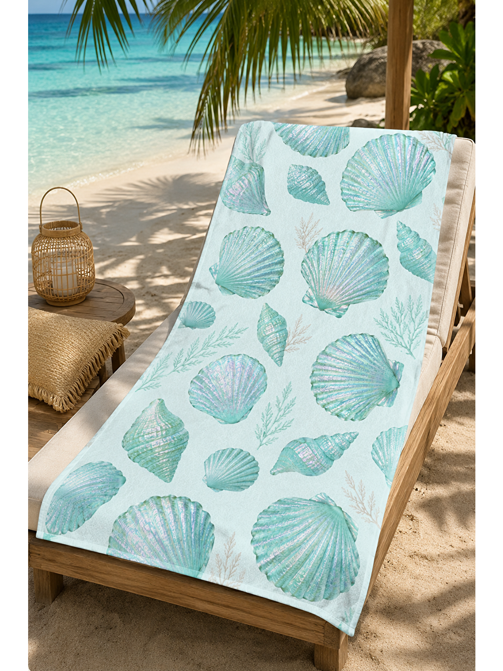 Yeşil Mint Deniz Kabuğu Minimal Desenli 70x150 Plaj Havlusu-6