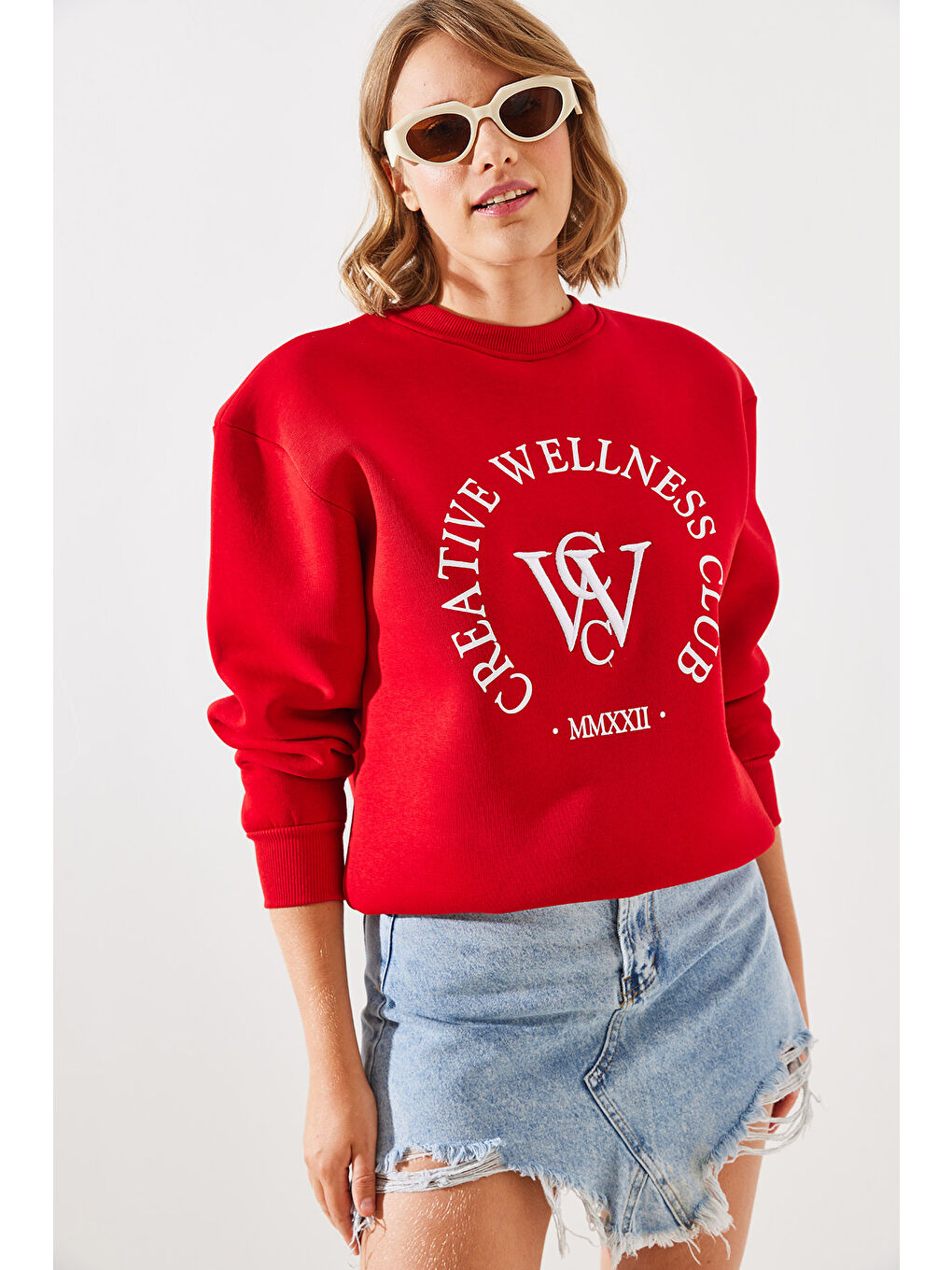 SHADE Kırmızı Kadın Üç İplik Şardonlu Yazılı Sweatshirt MBHS - 3