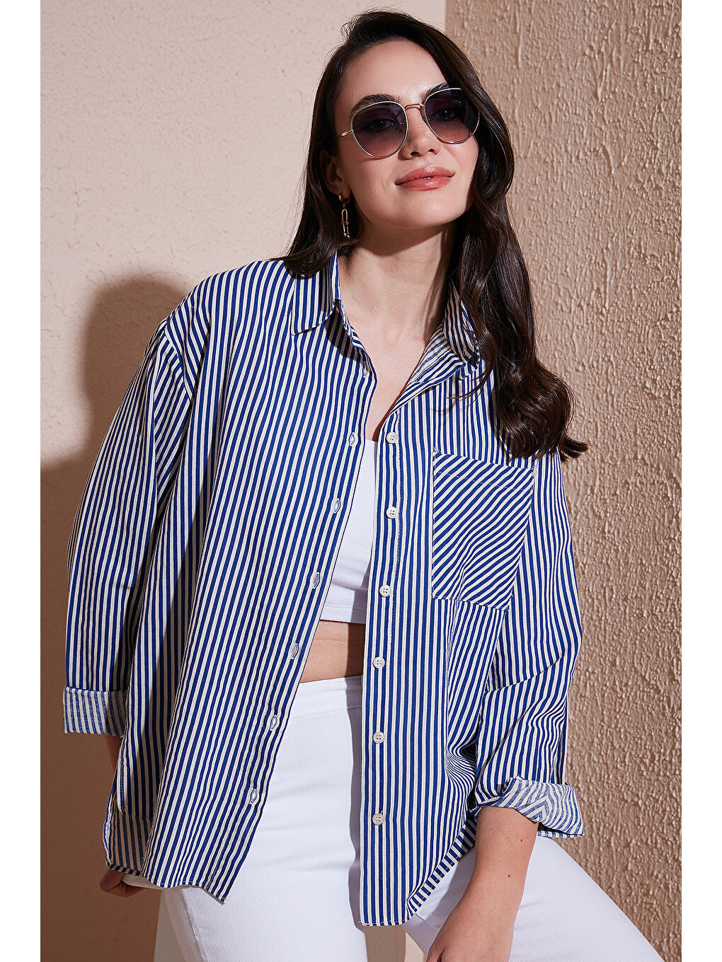 İndigo Pamuk ve Keten Karışımlı Regular Fit Çizgili Gömlek 6777961