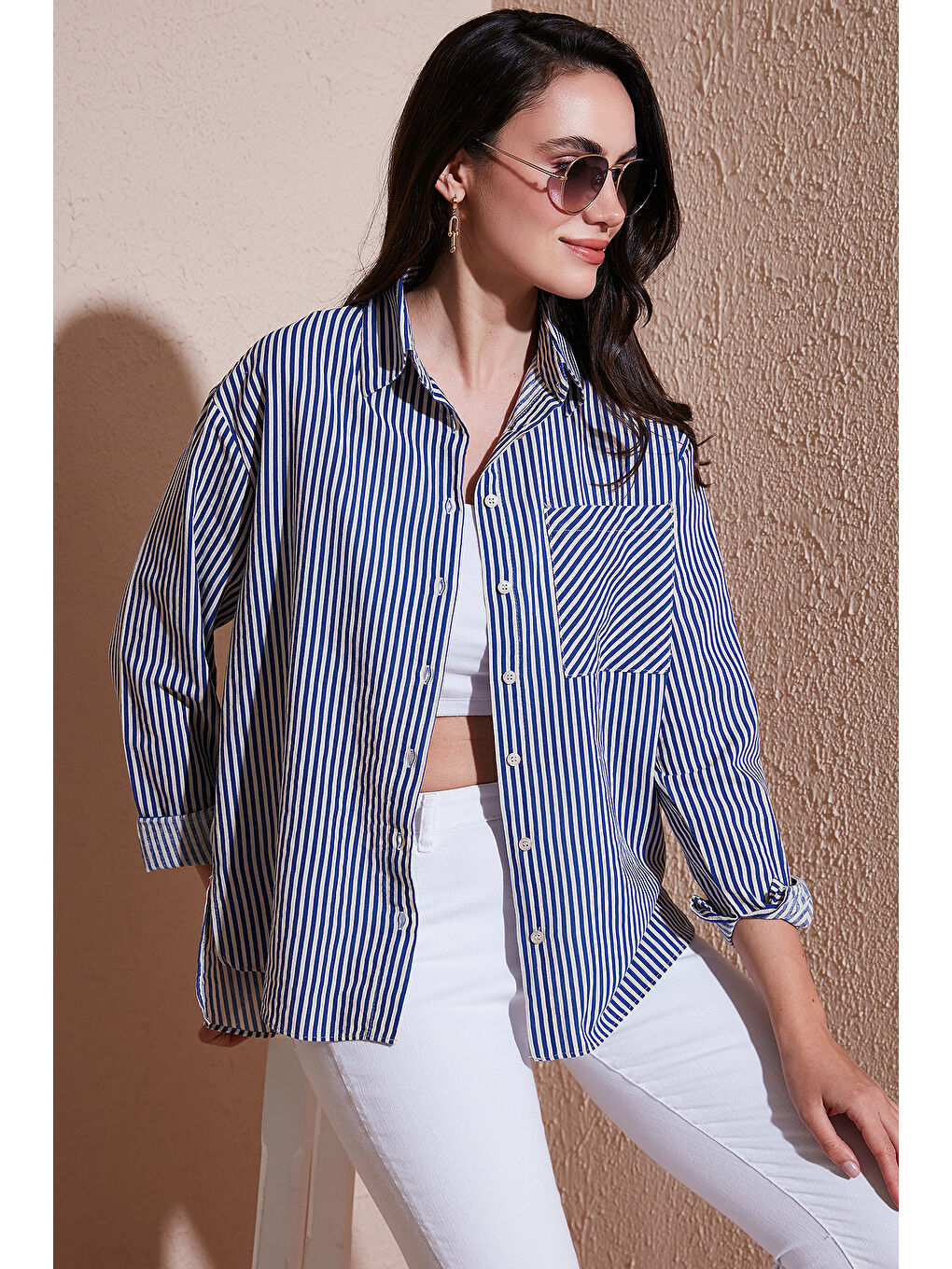 İndigo Pamuk ve Keten Karışımlı Regular Fit Çizgili Gömlek 6777961-1