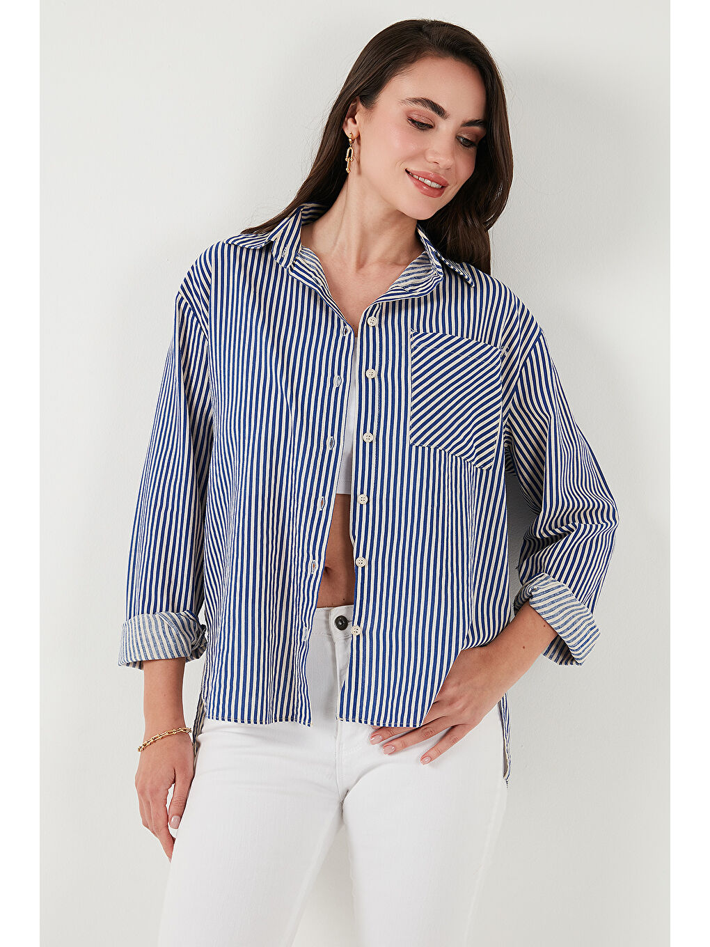 İndigo Pamuk ve Keten Karışımlı Regular Fit Çizgili Gömlek 6777961-2