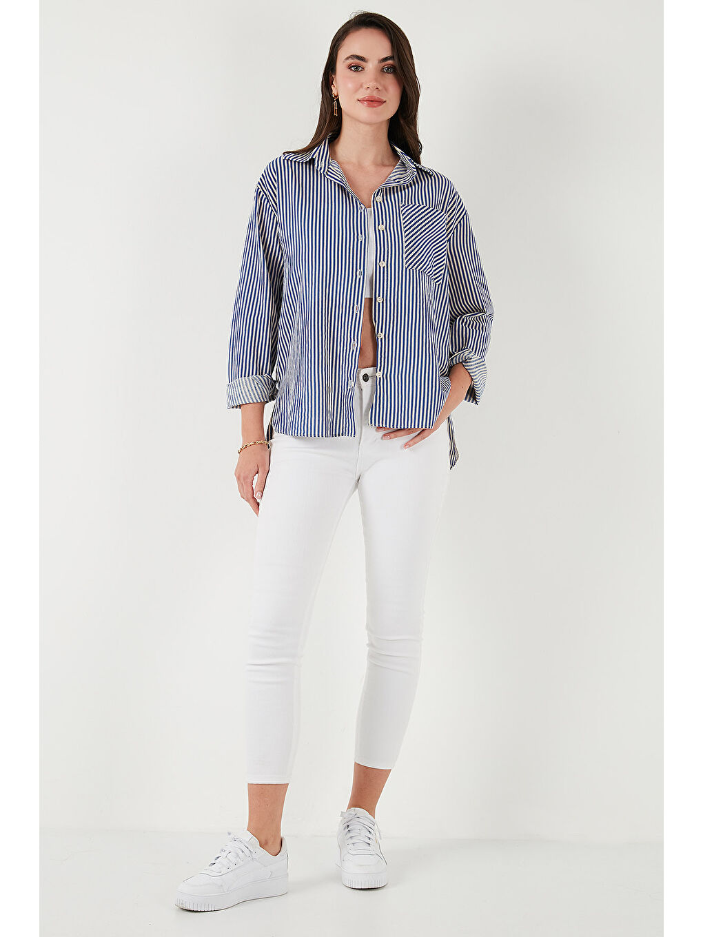 İndigo Pamuk ve Keten Karışımlı Regular Fit Çizgili Gömlek 6777961-3