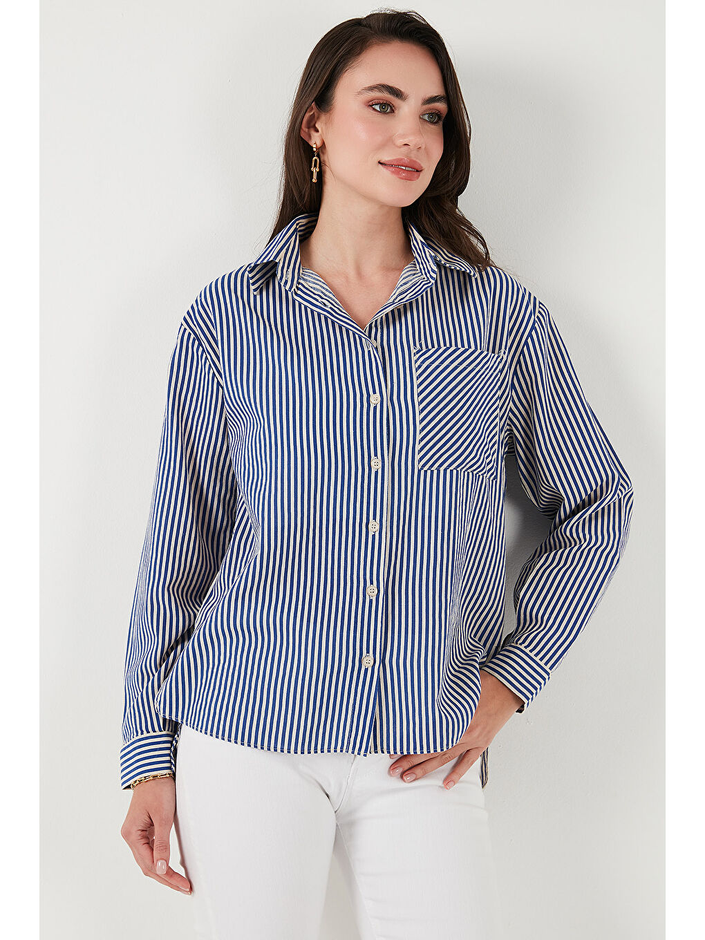 İndigo Pamuk ve Keten Karışımlı Regular Fit Çizgili Gömlek 6777961-4