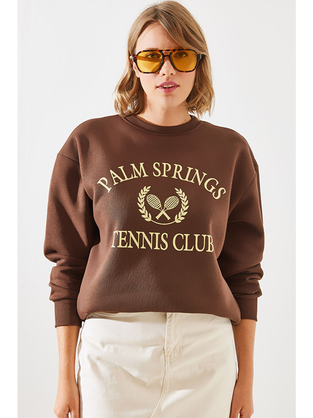 SHADE Kahverengi Kadın Üç İplik Şardonlu Palm Springs Tenis Vintage Kolej Sweatshirt MBHS - 1