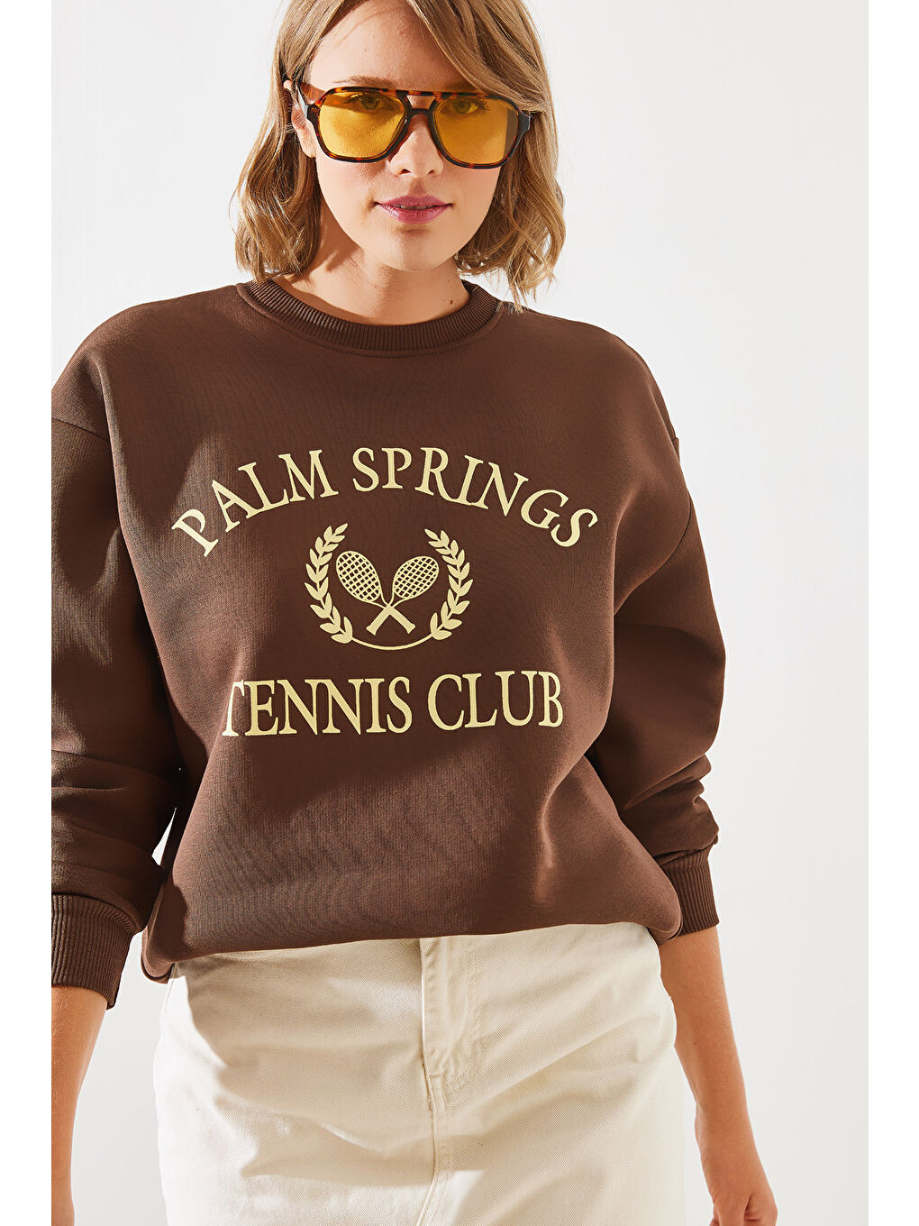 SHADE Kahverengi Kadın Üç İplik Şardonlu Palm Springs Tenis Vintage Kolej Sweatshirt MBHS - 2