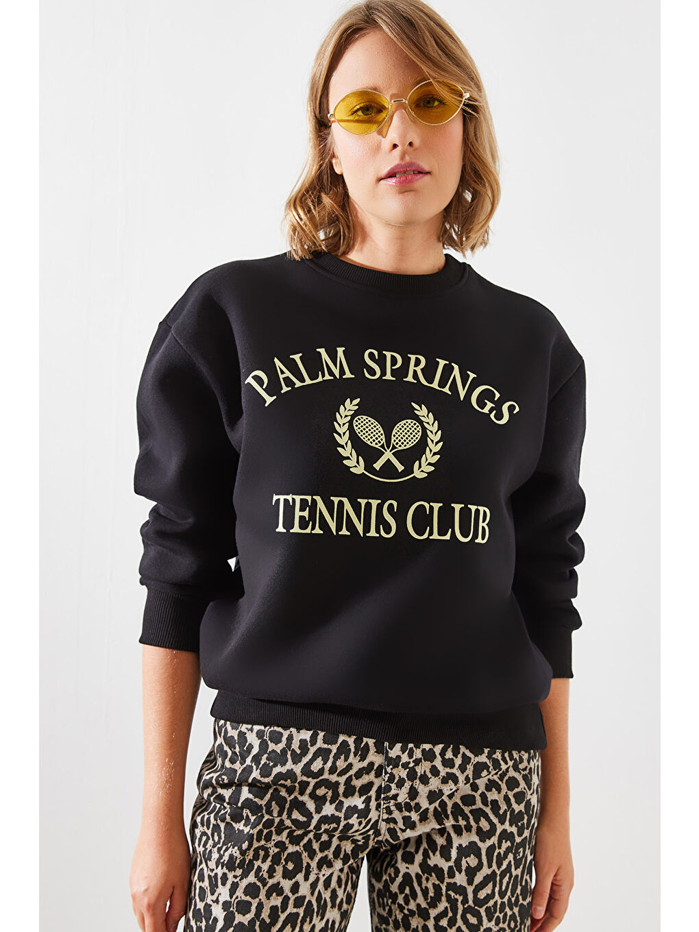 SHADE Siyah Kadın Üç İplik Şardonlu Palm Springs Tenis Vintage Kolej Sweatshirt MBHS