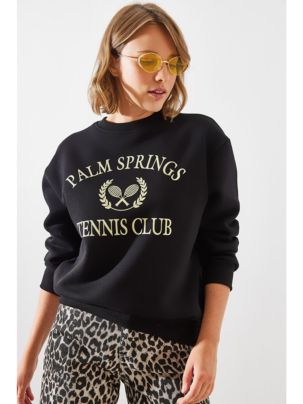 SHADE Siyah Kadın Üç İplik Şardonlu Palm Springs Tenis Vintage Kolej Sweatshirt MBHS - 1