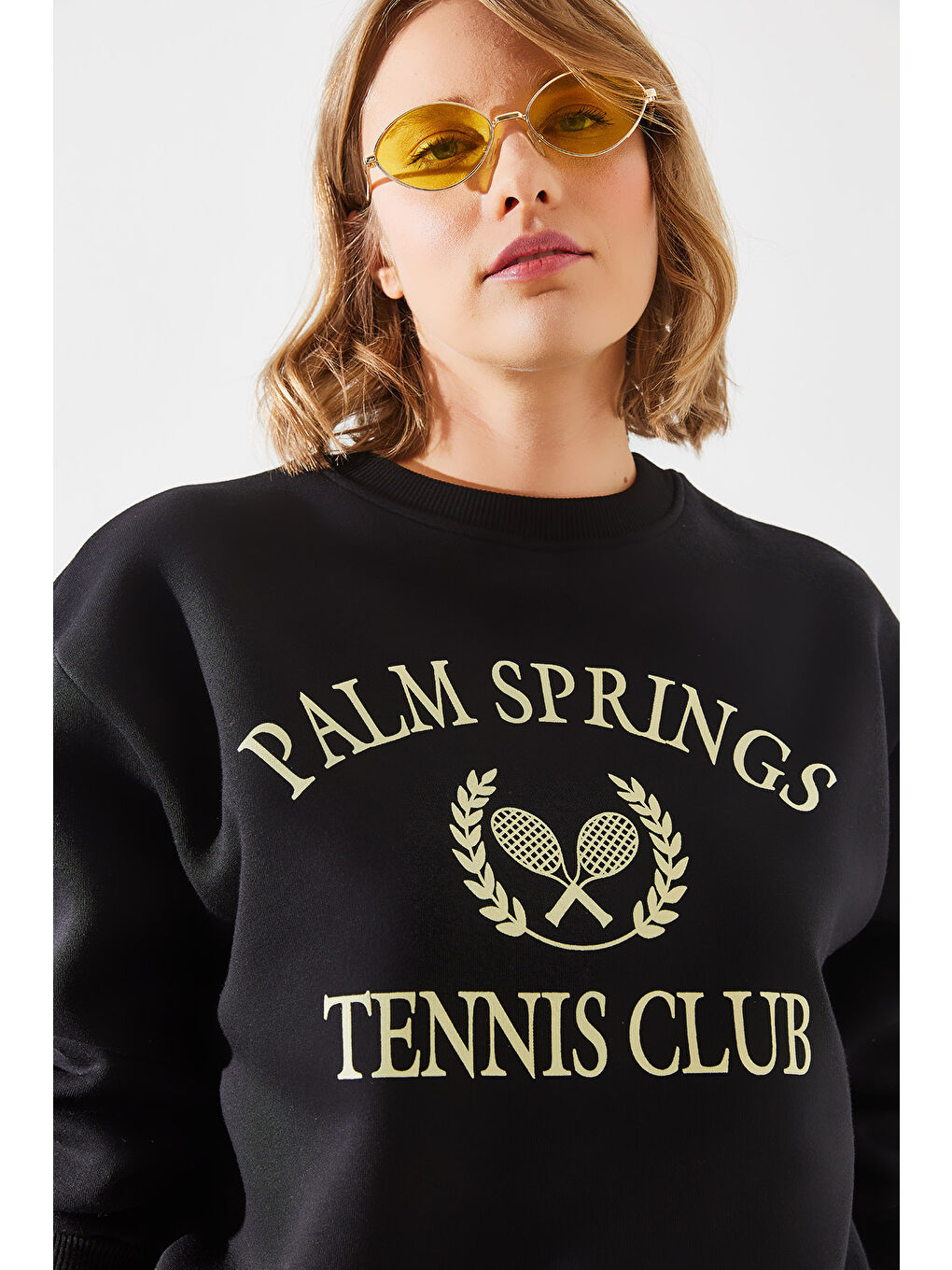 SHADE Siyah Kadın Üç İplik Şardonlu Palm Springs Tenis Vintage Kolej Sweatshirt MBHS - 2