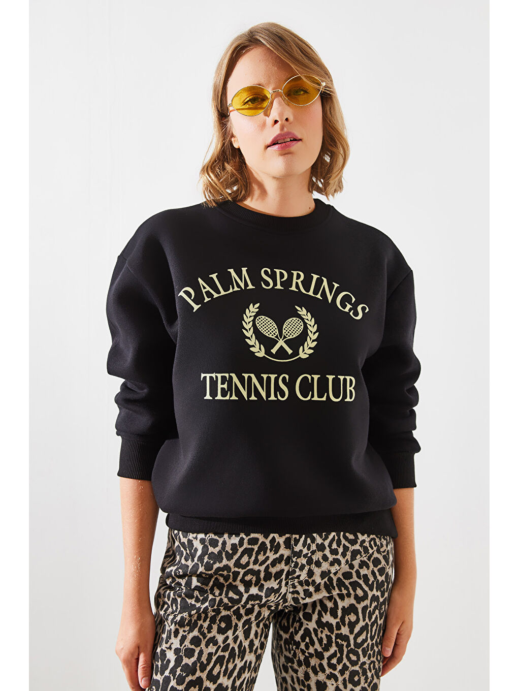 SHADE Siyah Kadın Üç İplik Şardonlu Palm Springs Tenis Vintage Kolej Sweatshirt MBHS - 4