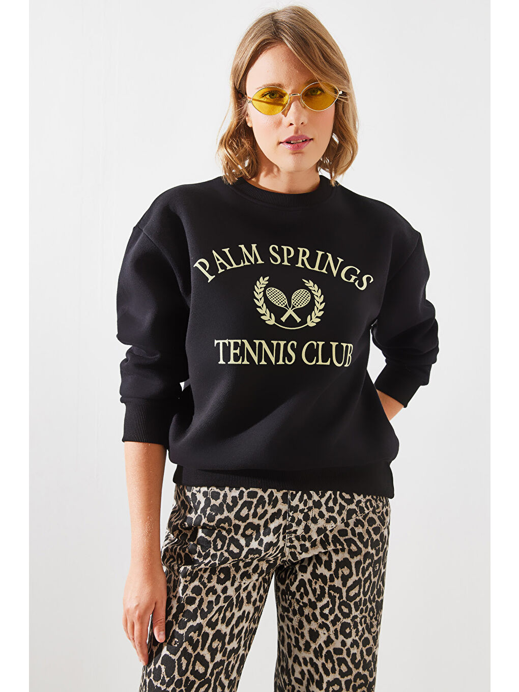 SHADE Siyah Kadın Üç İplik Şardonlu Palm Springs Tenis Vintage Kolej Sweatshirt MBHS - 5