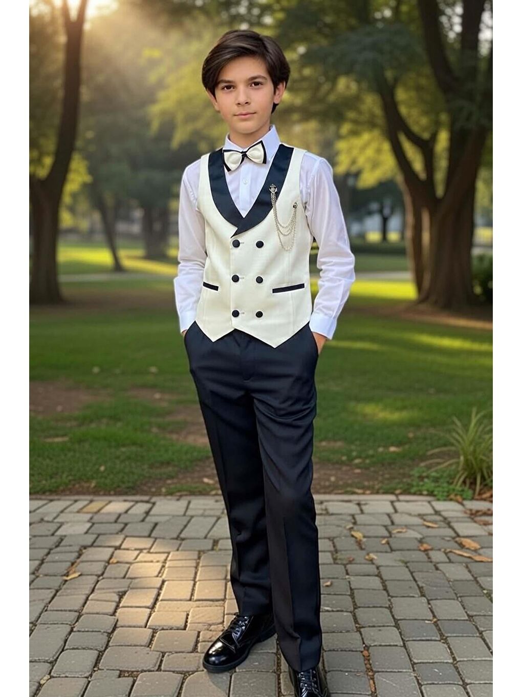 Erkek Çocuk Şerit Yaka ve Cep Detaylı Beyaz Cepken Gabardin Gömlek Papyonlu Takım Elbise-2