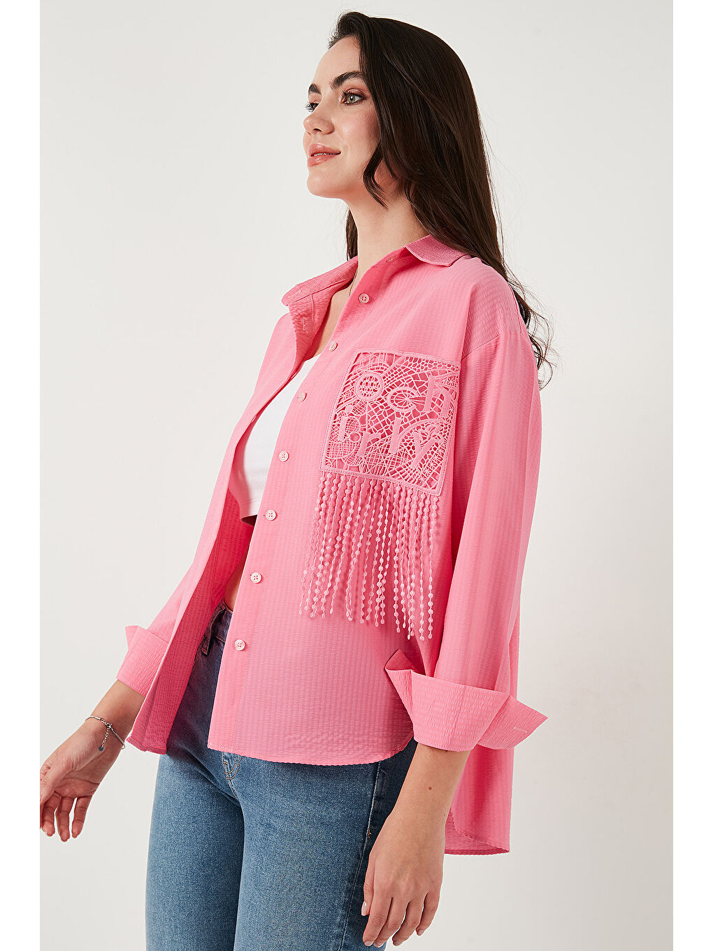 Pembe Regular Fit Güpürlü Cep Detaylı Uzun Kollu Gömlek 6773215-5