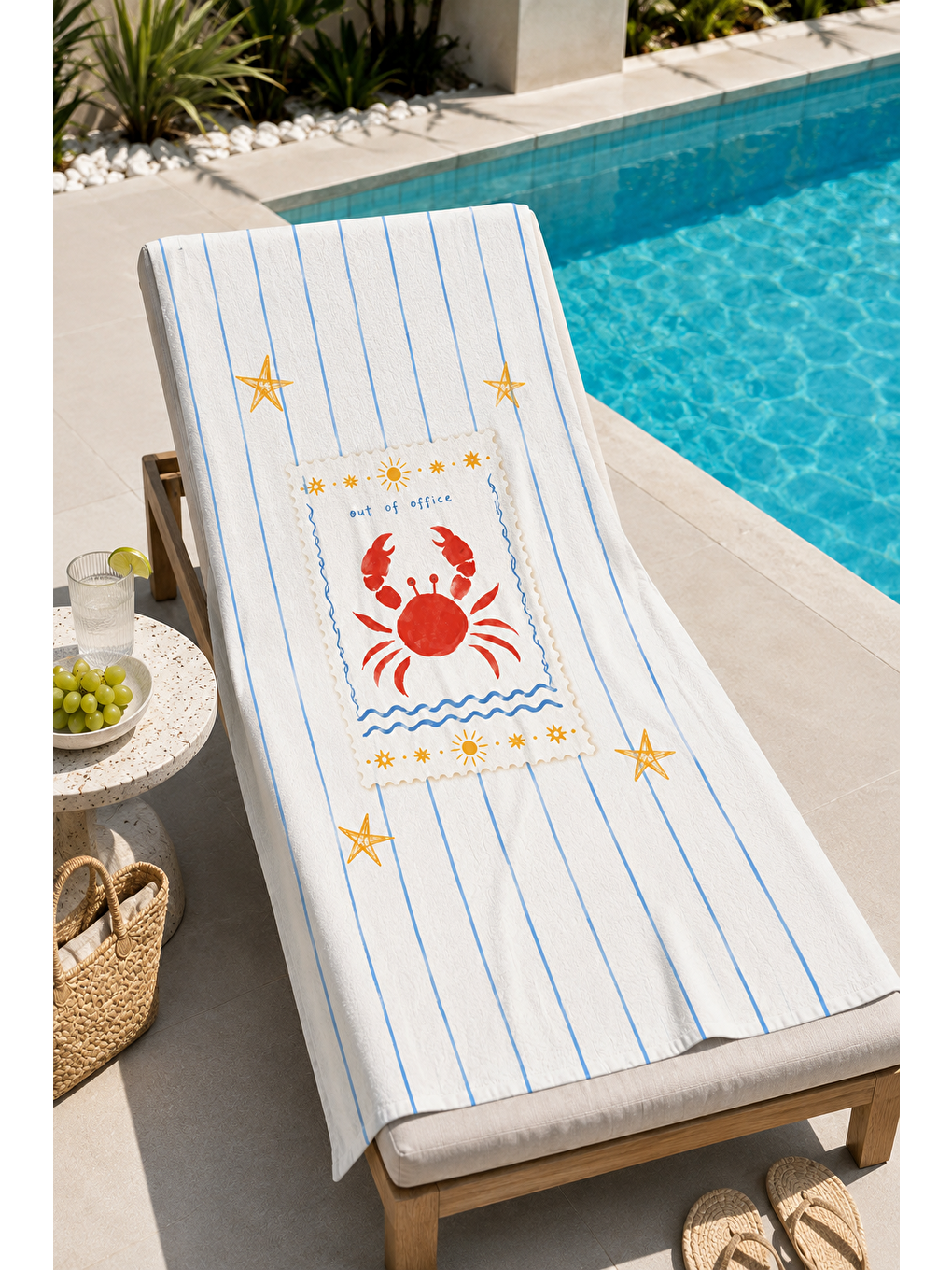 Bej Yengeç Çerçeveli Marin Desenli 70x150 Plaj Havlusu-4