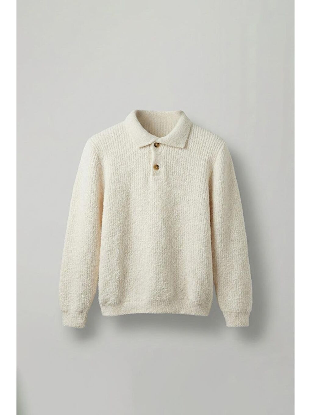 Erkek Relax Fit Düğmeli Dokulu Kazak Bej-4