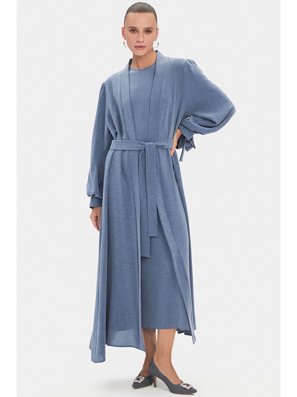 İndigo Kadın Kolları Bağlama Detaylı Belden Bağlamalı Abaya