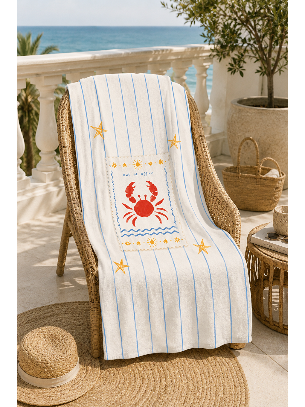Bej Yengeç Çerçeveli Marin Desenli 70x150 Plaj Havlusu-5
