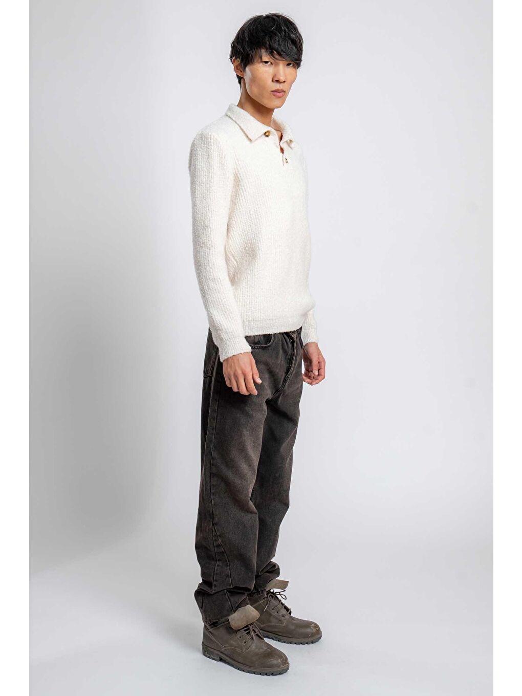 Erkek Relax Fit Düğmeli Dokulu Kazak Bej-1