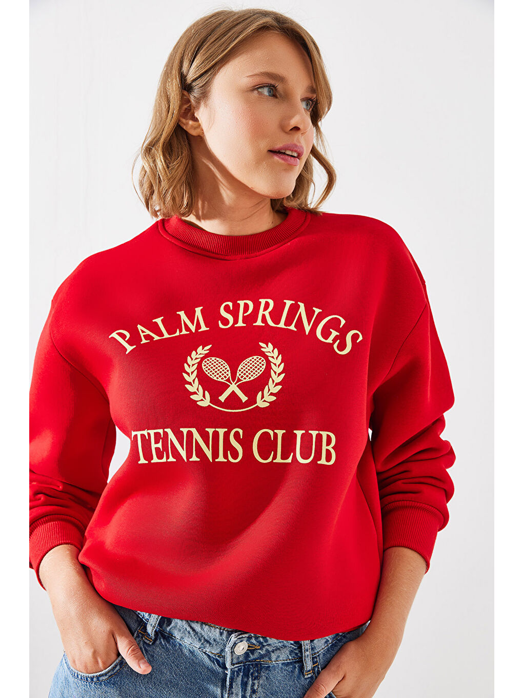 SHADE Kırmızı Kadın Üç İplik Şardonlu Palm Springs Tenis Vintage Kolej Sweatshirt MBHS