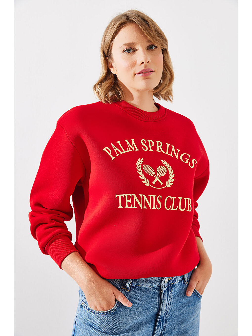 SHADE Kırmızı Kadın Üç İplik Şardonlu Palm Springs Tenis Vintage Kolej Sweatshirt MBHS - 1