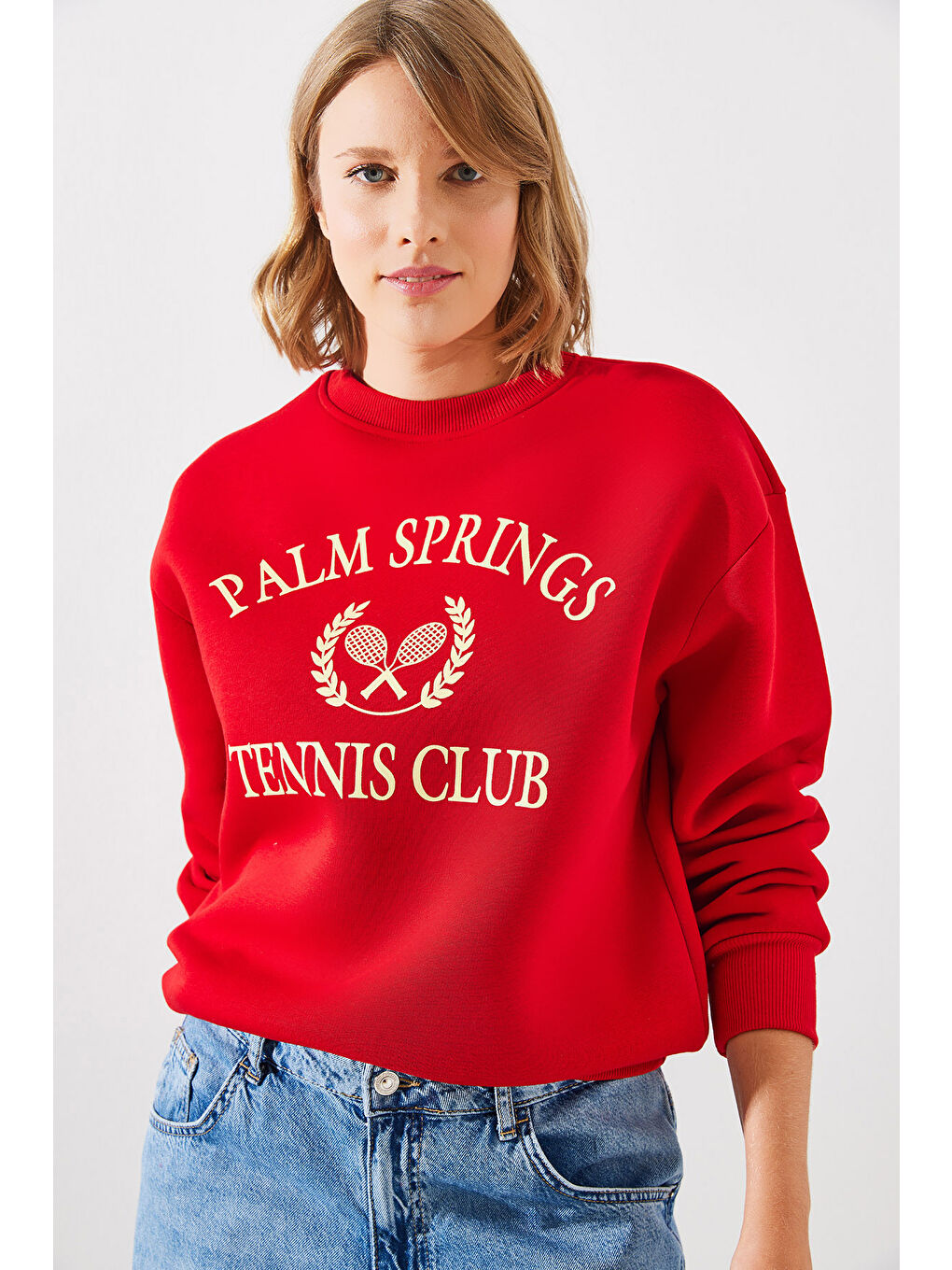 SHADE Kırmızı Kadın Üç İplik Şardonlu Palm Springs Tenis Vintage Kolej Sweatshirt MBHS - 2