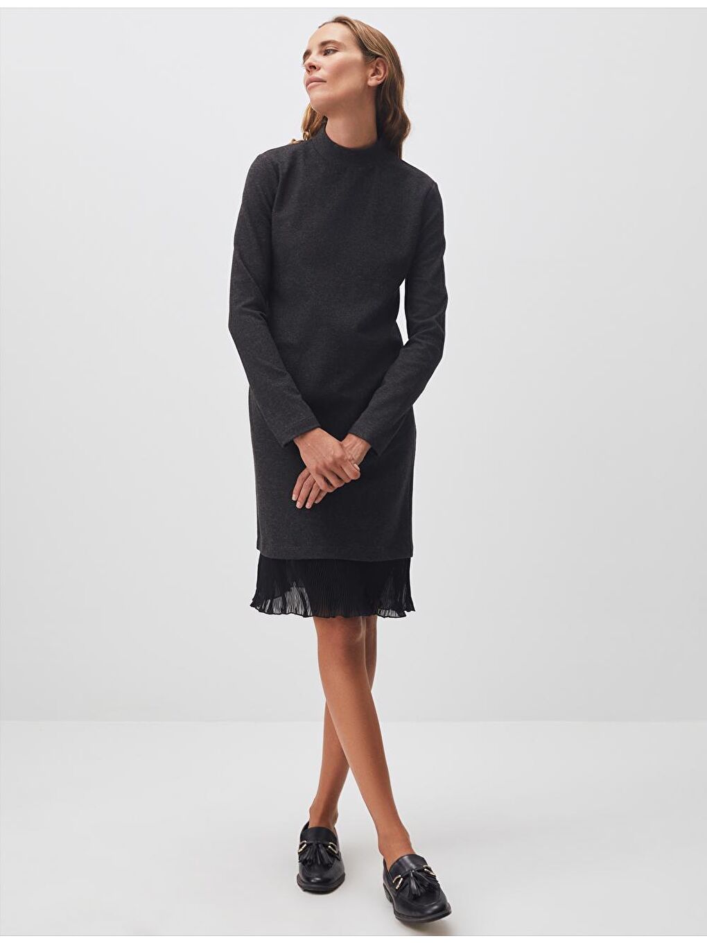 Antrasit Balıkçı Yaka Uzun Kollu Detaylı Elbise