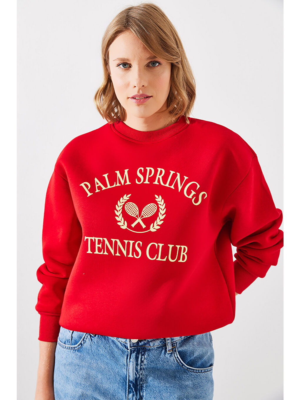 SHADE Kırmızı Kadın Üç İplik Şardonlu Palm Springs Tenis Vintage Kolej Sweatshirt MBHS - 3