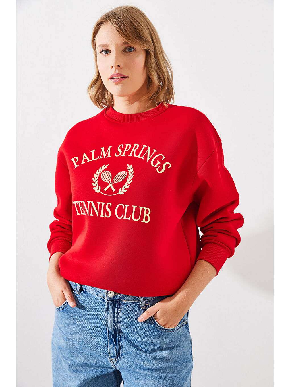 SHADE Kırmızı Kadın Üç İplik Şardonlu Palm Springs Tenis Vintage Kolej Sweatshirt MBHS - 6