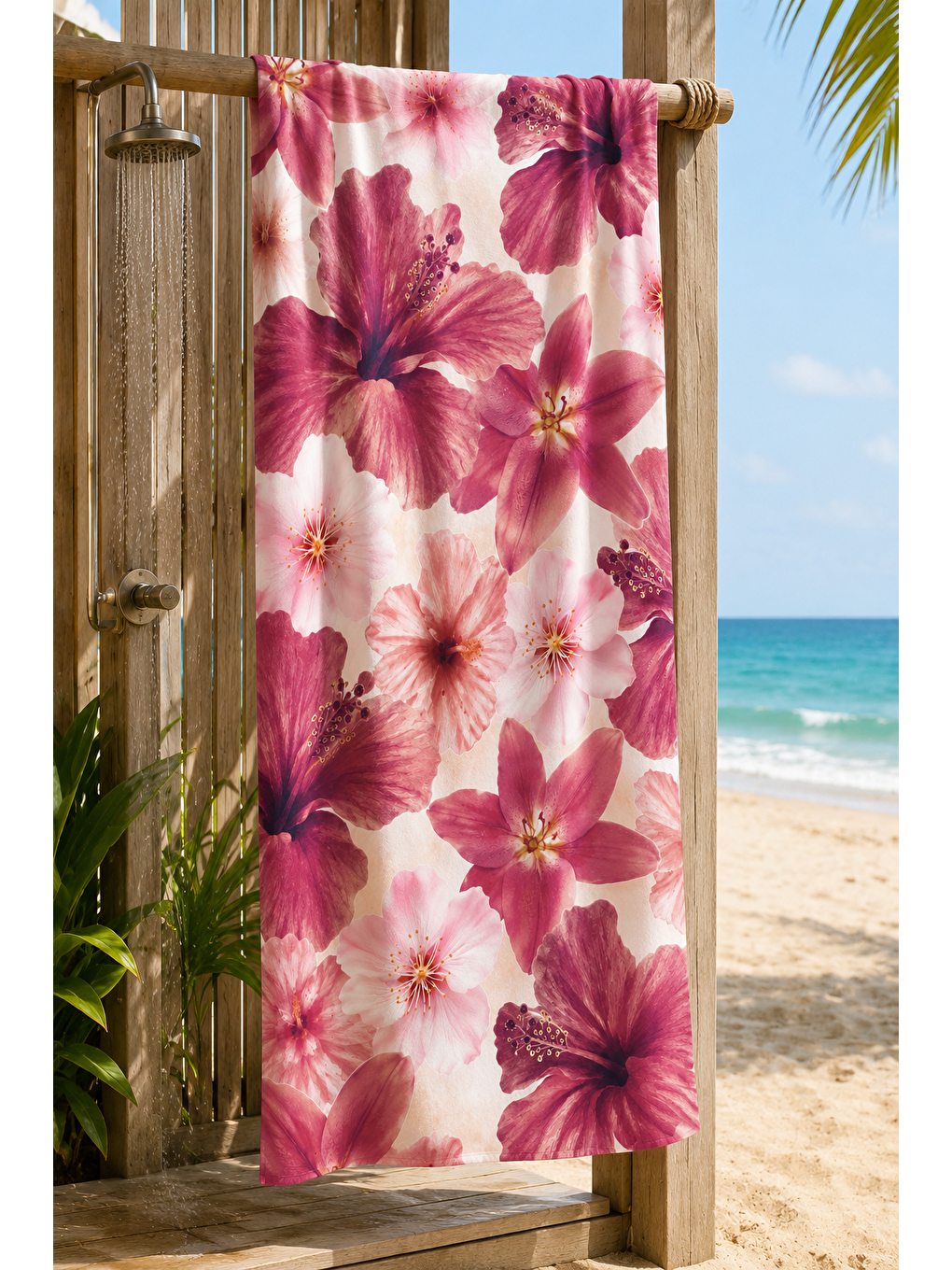 Bej Pembe Hibiskus Çiçek Desenli 70x150 Plaj Havlusu-1