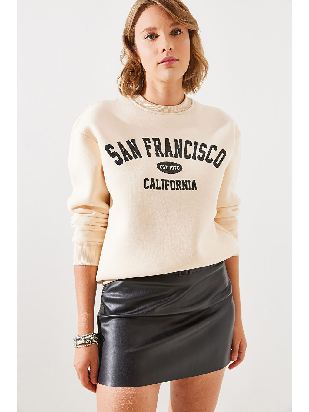 SHADE Bej Kadın Üç İplik Şardonlu San Francisco Baskılı Sweatshirt MBHS - 1