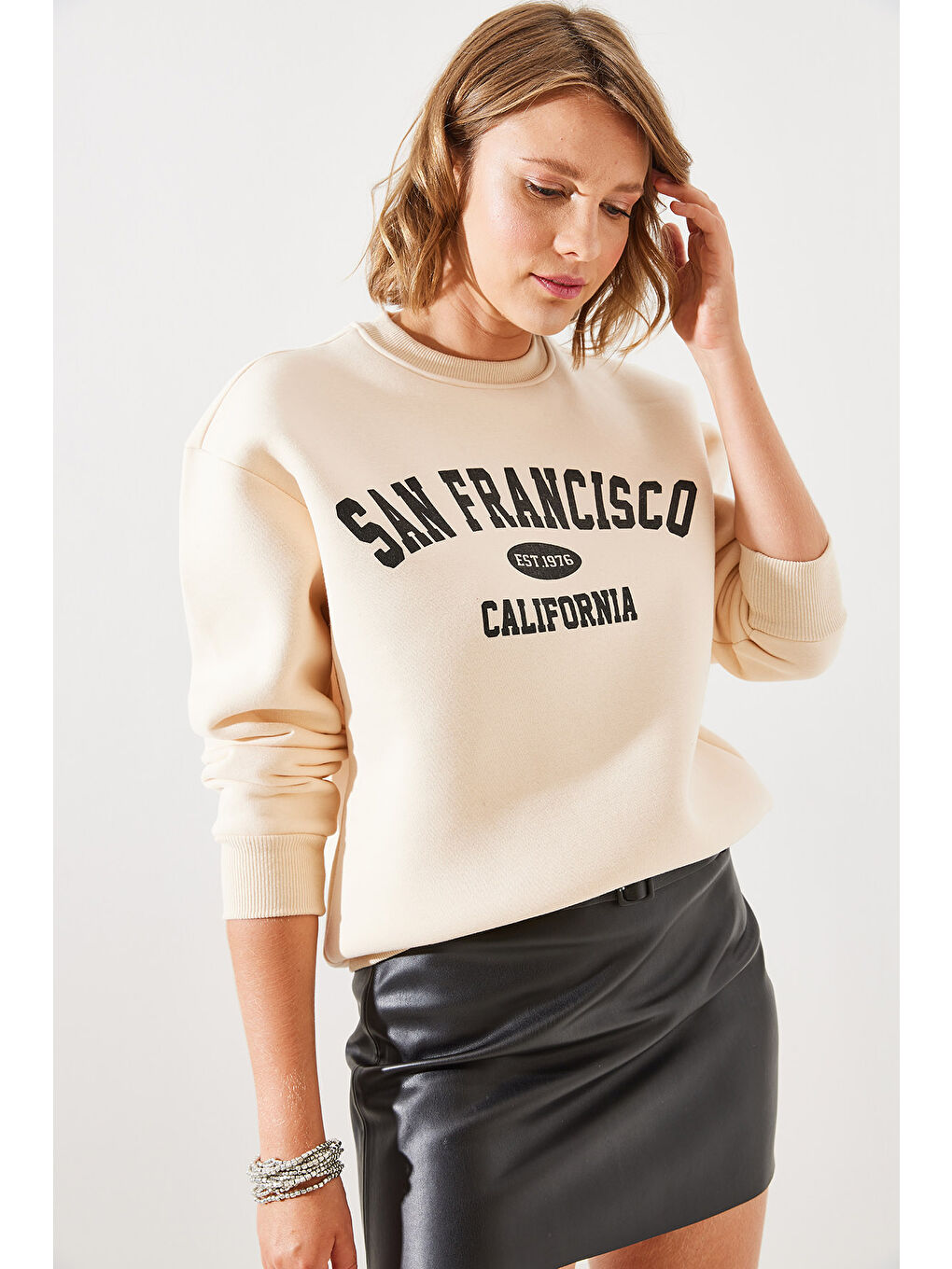 SHADE Bej Kadın Üç İplik Şardonlu San Francisco Baskılı Sweatshirt MBHS - 2