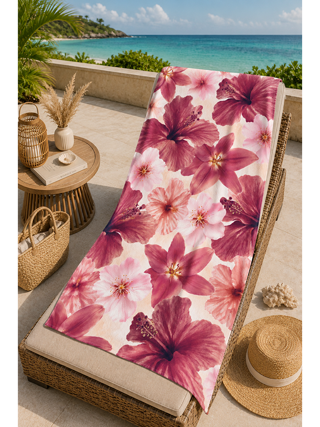 Bej Pembe Hibiskus Çiçek Desenli 70x150 Plaj Havlusu-2