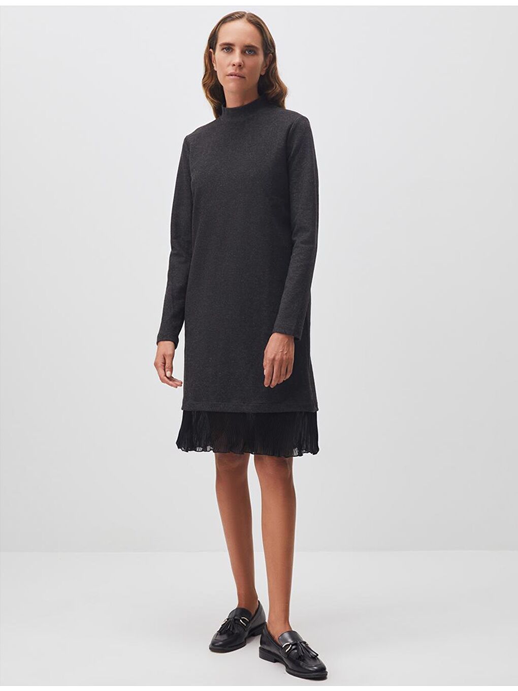 Antrasit Balıkçı Yaka Uzun Kollu Detaylı Elbise-2