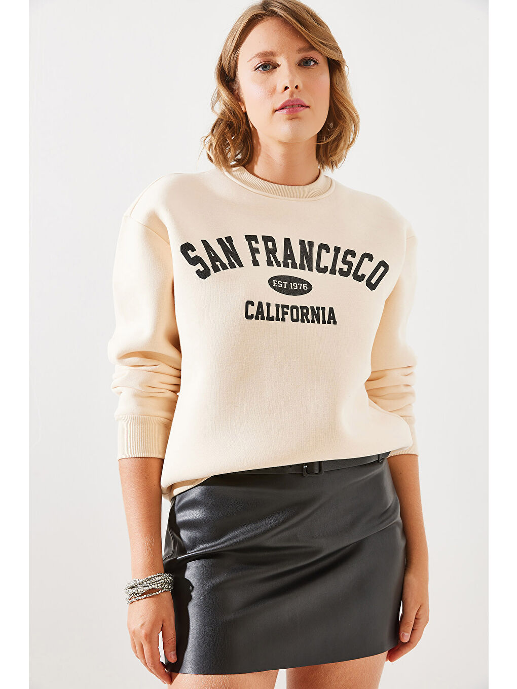 SHADE Bej Kadın Üç İplik Şardonlu San Francisco Baskılı Sweatshirt MBHS - 4