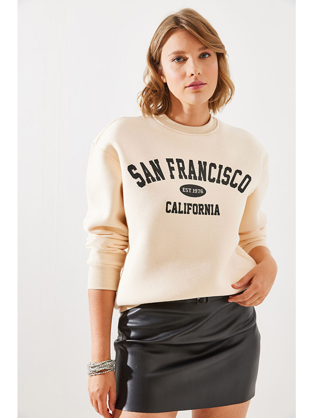 SHADE Bej Kadın Üç İplik Şardonlu San Francisco Baskılı Sweatshirt MBHS - 5