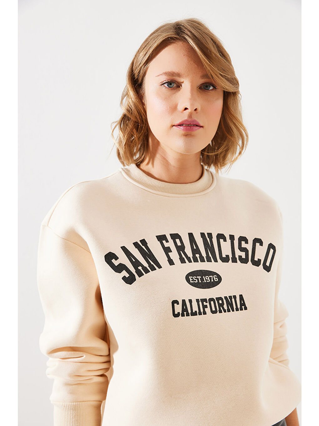 SHADE Bej Kadın Üç İplik Şardonlu San Francisco Baskılı Sweatshirt MBHS - 6